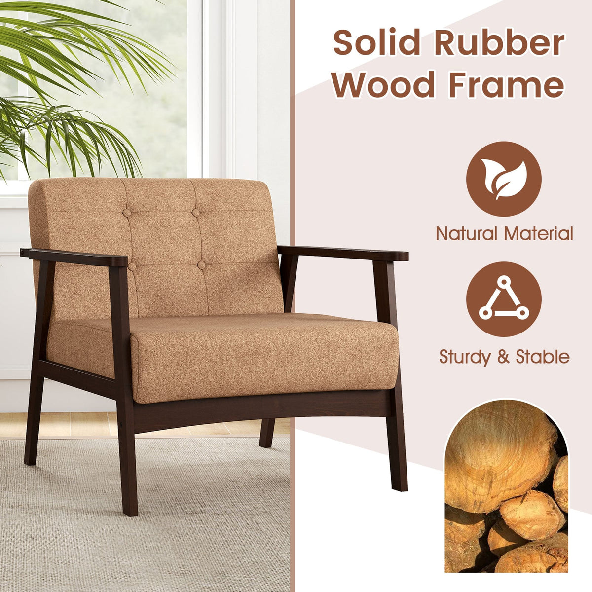 Rubber Wood Frame Accent Chair with Armrest for Living Room-Beige-Accent Chairs-DECOROLALA