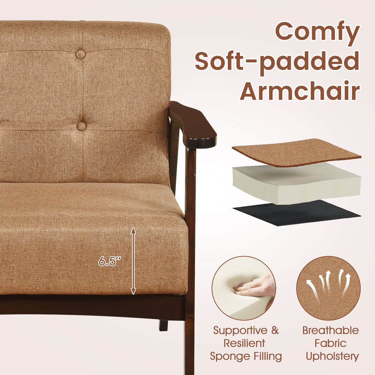 Rubber Wood Frame Accent Chair with Armrest for Living Room-Beige-Accent Chairs-DECOROLALA