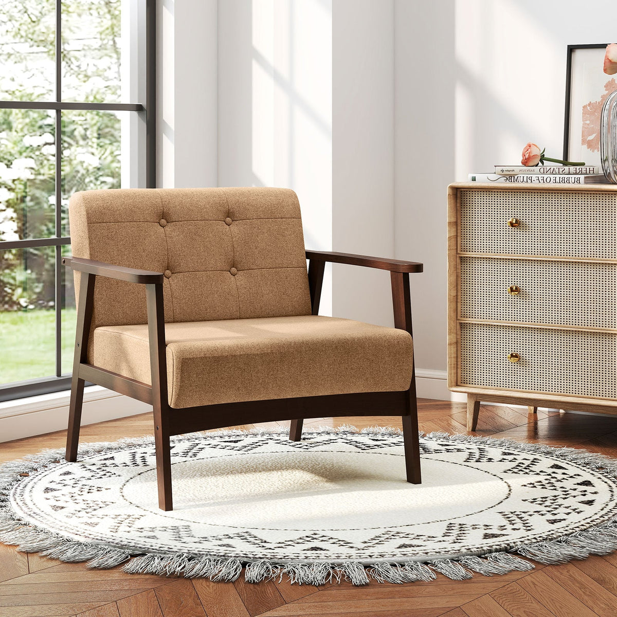Rubber Wood Frame Accent Chair with Armrest for Living Room-Beige-Accent Chairs-DECOROLALA