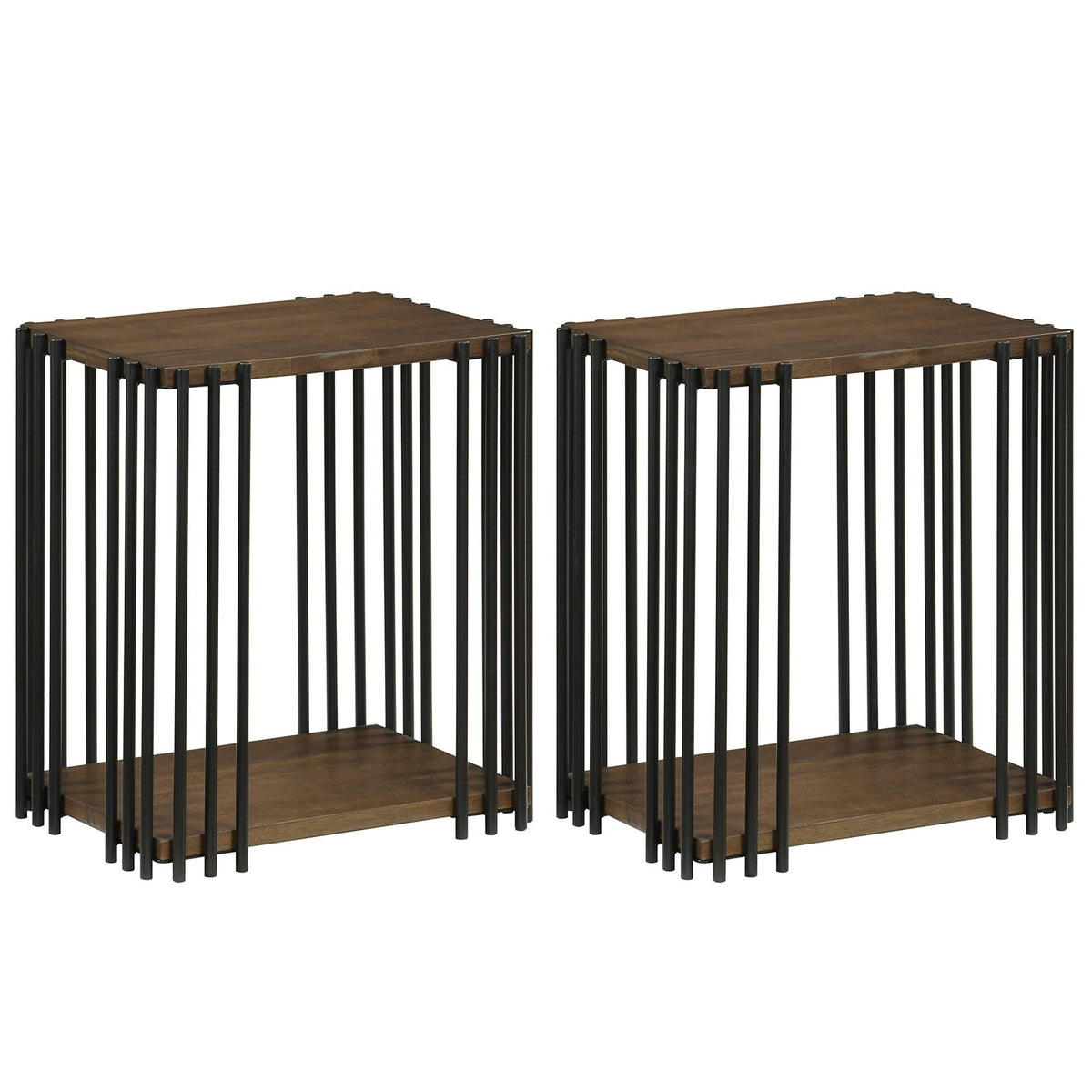 Rubber Wood Side Table Set of 2 with 2-Layer Storage Shelves and Metal Frame-Walnut-End & Side Tables-DECOROLALA