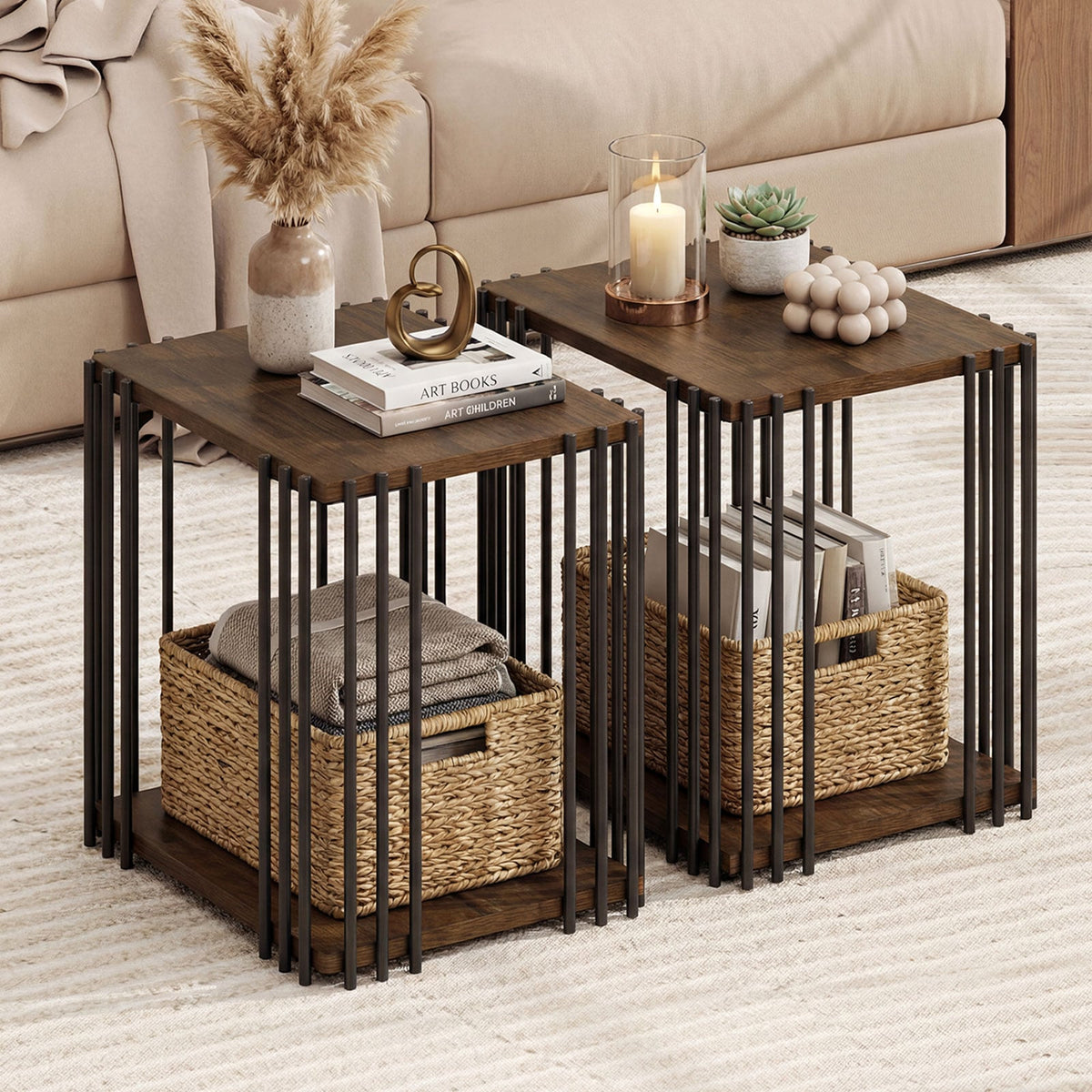 Rubber Wood Side Table Set of 2 with 2-Layer Storage Shelves and Metal Frame-Walnut-End & Side Tables-DECOROLALA