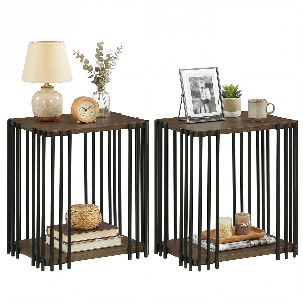 Rubber Wood Side Table Set of 2 with 2-Layer Storage Shelves and Metal Frame-Walnut-End & Side Tables-DECOROLALA