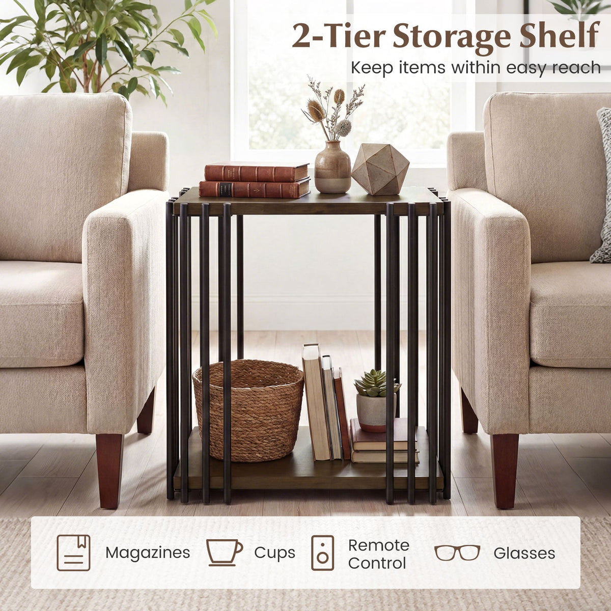 Rubber Wood Side Table Set of 2 with 2-Layer Storage Shelves and Metal Frame-Walnut-End & Side Tables-DECOROLALA