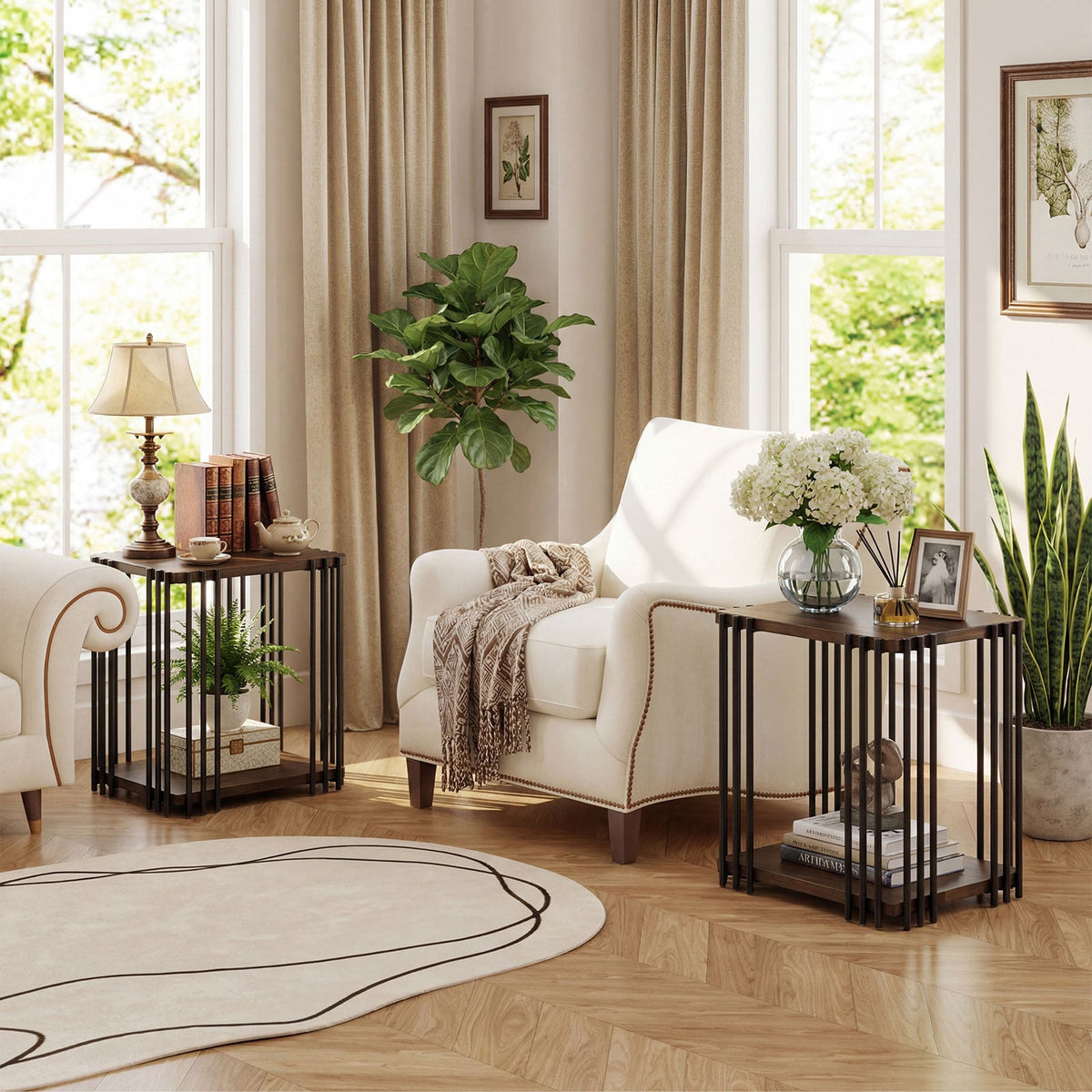 Rubber Wood Side Table Set of 2 with 2-Layer Storage Shelves and Metal Frame-Walnut-End & Side Tables-DECOROLALA