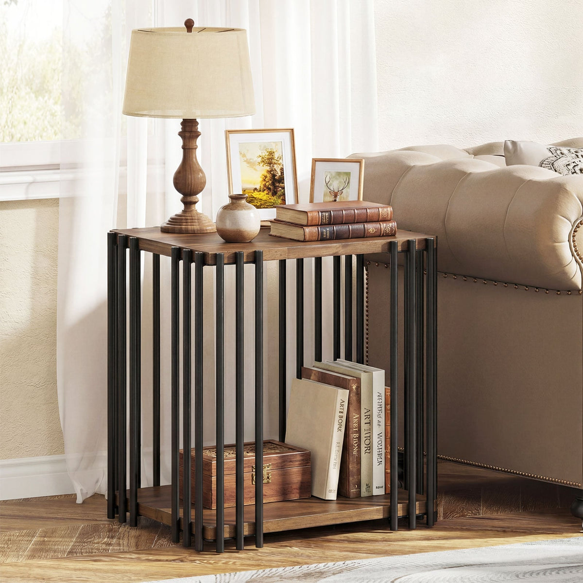 Rubber Wood Side Table with 2-Layer Storage Shelves and Metal Frame-Walnut-End & Side Tables-DECOROLALA