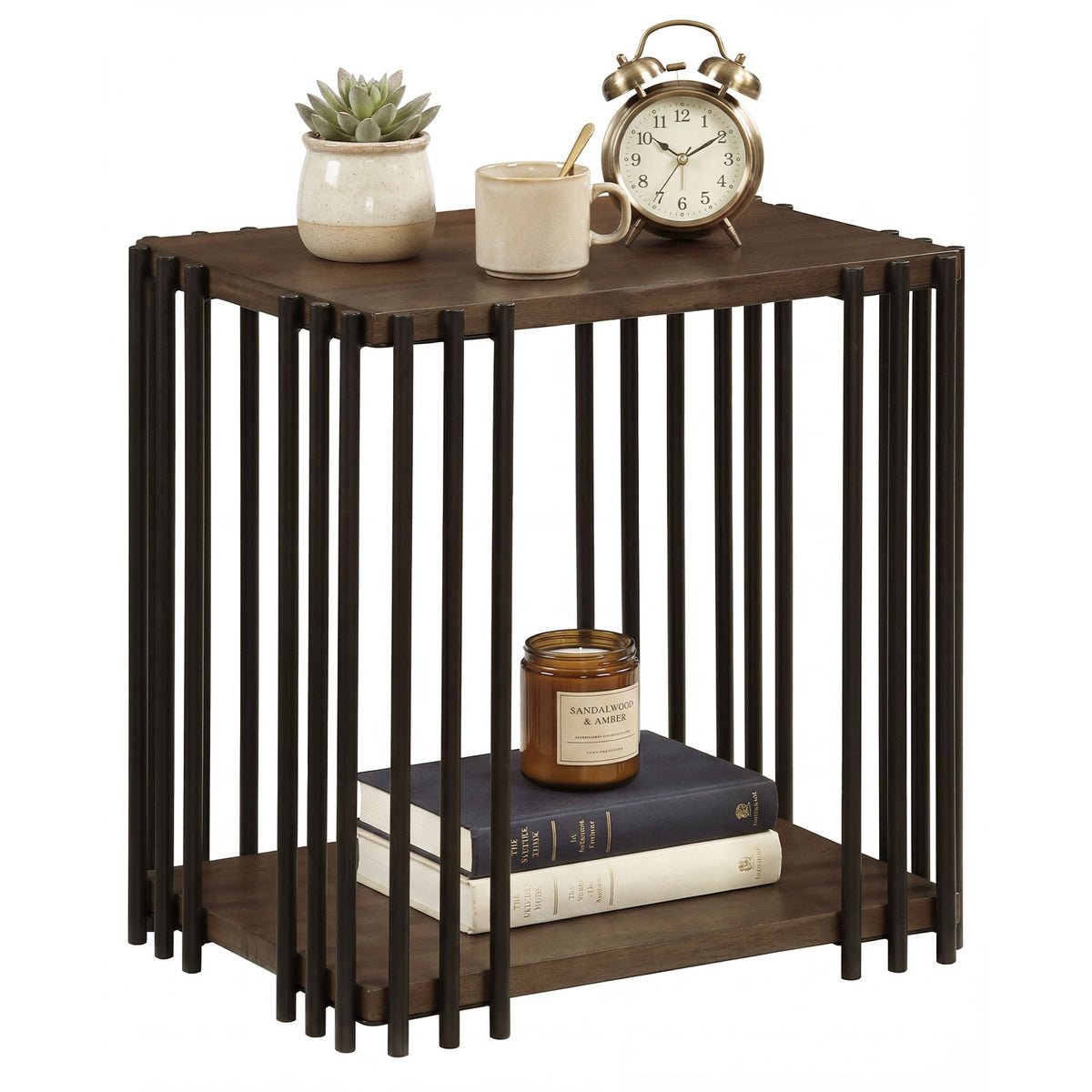 Rubber Wood Side Table with 2-Layer Storage Shelves and Metal Frame-Walnut-End & Side Tables-DECOROLALA