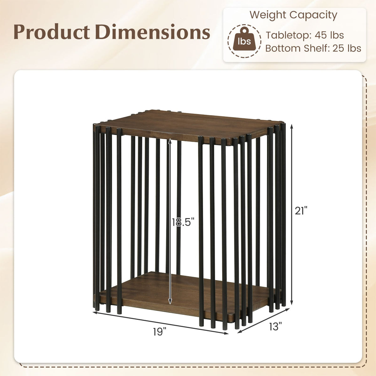 Rubber Wood Side Table with 2-Layer Storage Shelves and Metal Frame-Walnut-End & Side Tables-DECOROLALA