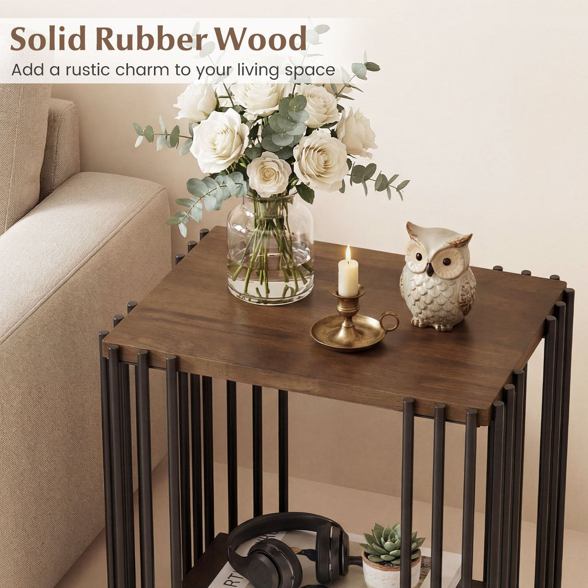 Rubber Wood Side Table with 2-Layer Storage Shelves and Metal Frame-Walnut-End & Side Tables-DECOROLALA