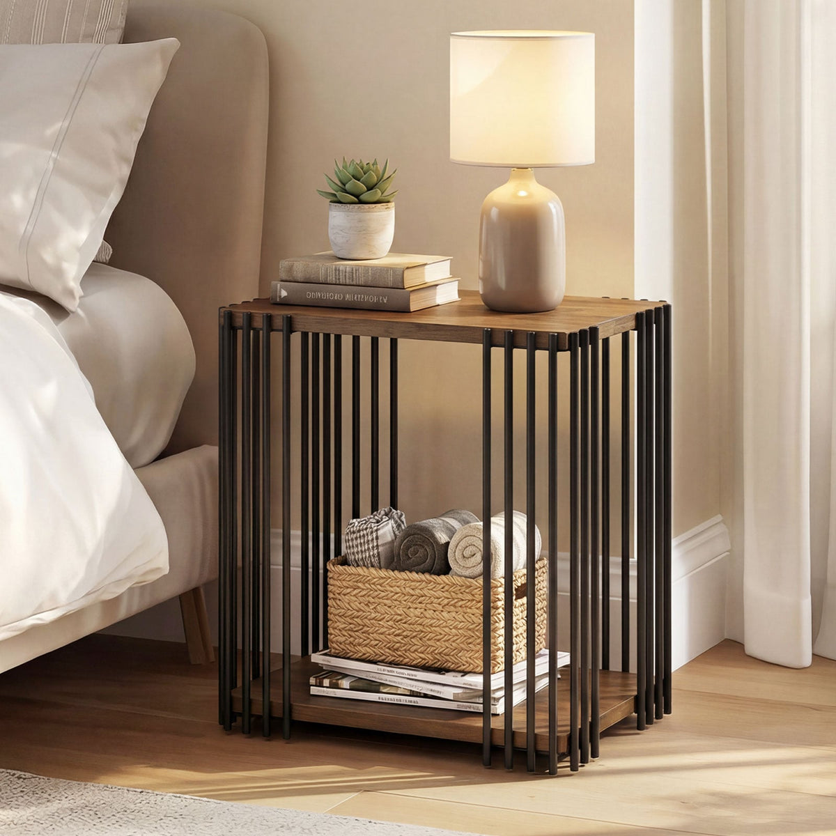 Rubber Wood Side Table with 2-Layer Storage Shelves and Metal Frame-Walnut-End & Side Tables-DECOROLALA