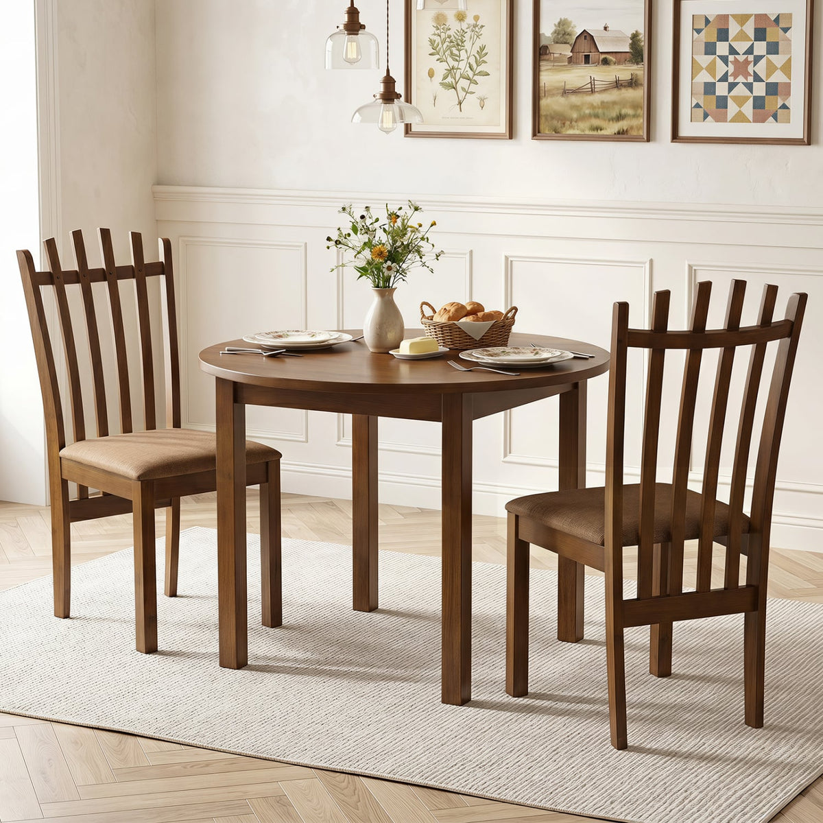 Rubber Wood Slat Back Kitchen Dining Chairs Set of 2-Brown-Dining Chairs-DECOROLALA