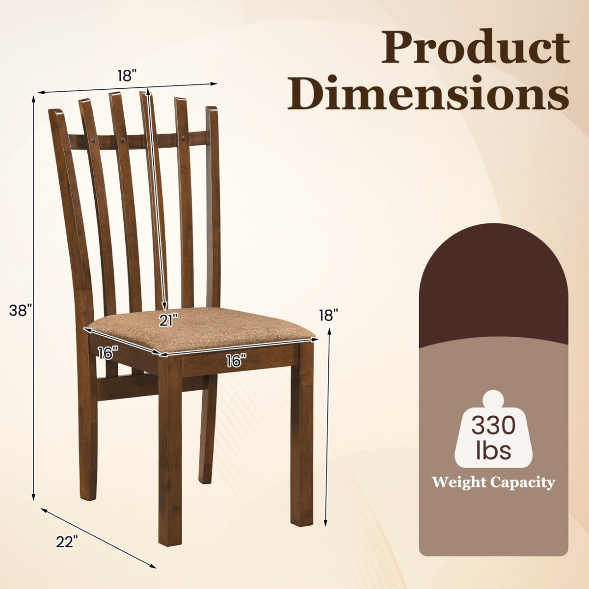 Rubber Wood Slat Back Kitchen Dining Chairs Set of 2-Brown-Dining Chairs-DECOROLALA