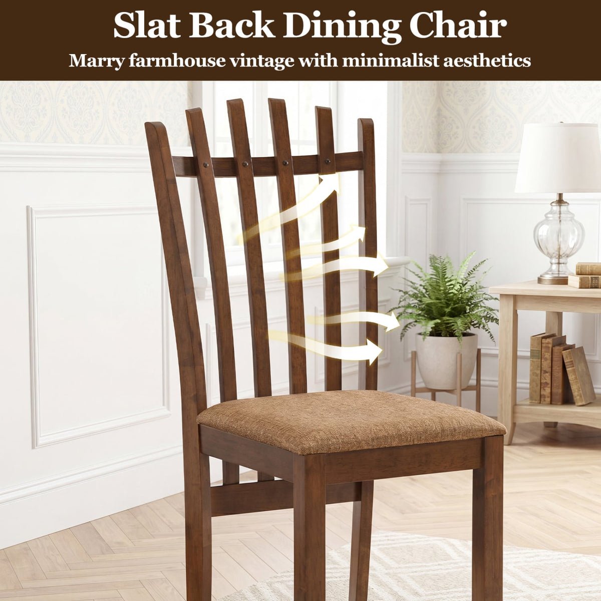 Rubber Wood Slat Back Kitchen Dining Chairs Set of 2-Brown-Dining Chairs-DECOROLALA