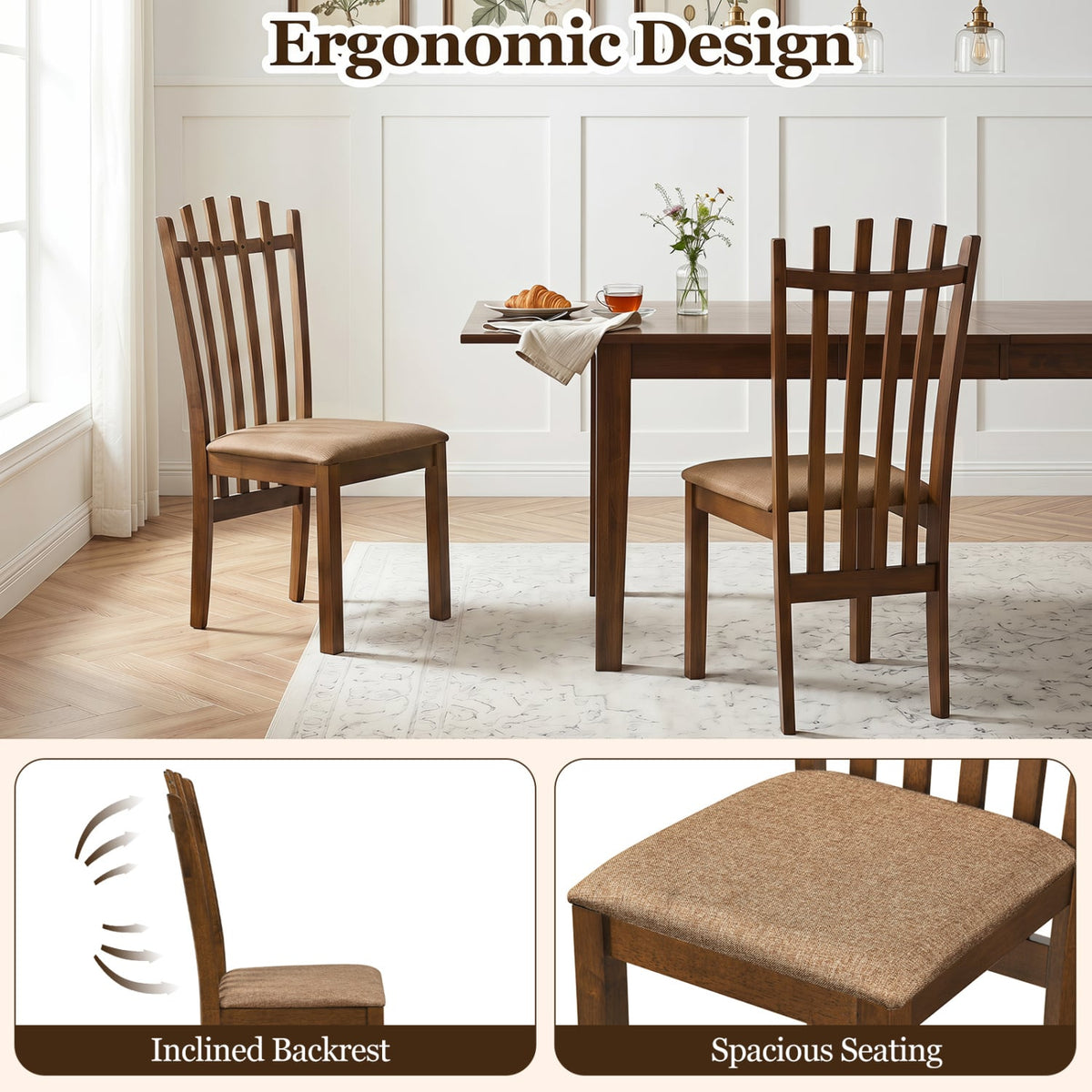 Rubber Wood Slat Back Kitchen Dining Chairs Set of 2-Brown-Dining Chairs-DECOROLALA