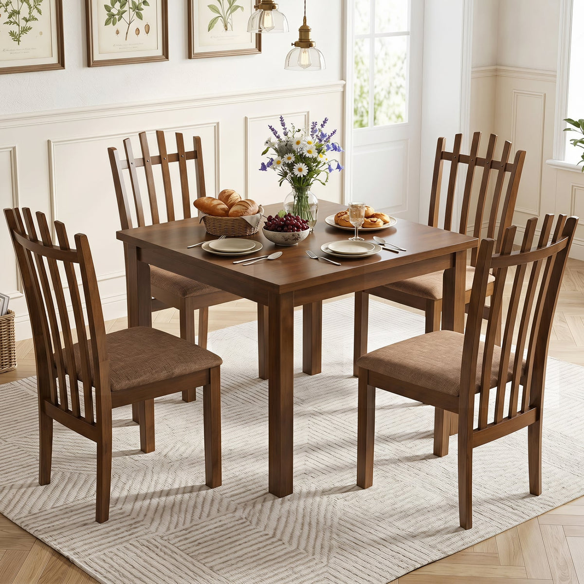Rubber Wood Slat Back Kitchen Dining Chairs Set of 4-Brown-Dining Chairs-DECOROLALA