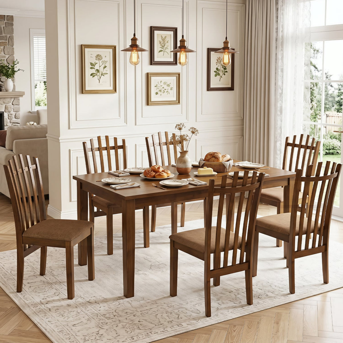 Rubber Wood Slat Back Kitchen Dining Chairs Set of 4-Brown-Dining Chairs-DECOROLALA