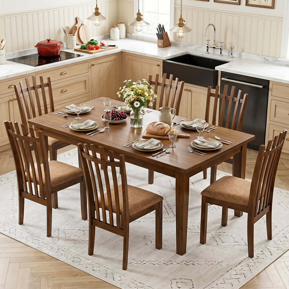 Rubber Wood Slat Back Kitchen Dining Chairs Set of 4-Brown-Dining Chairs-DECOROLALA