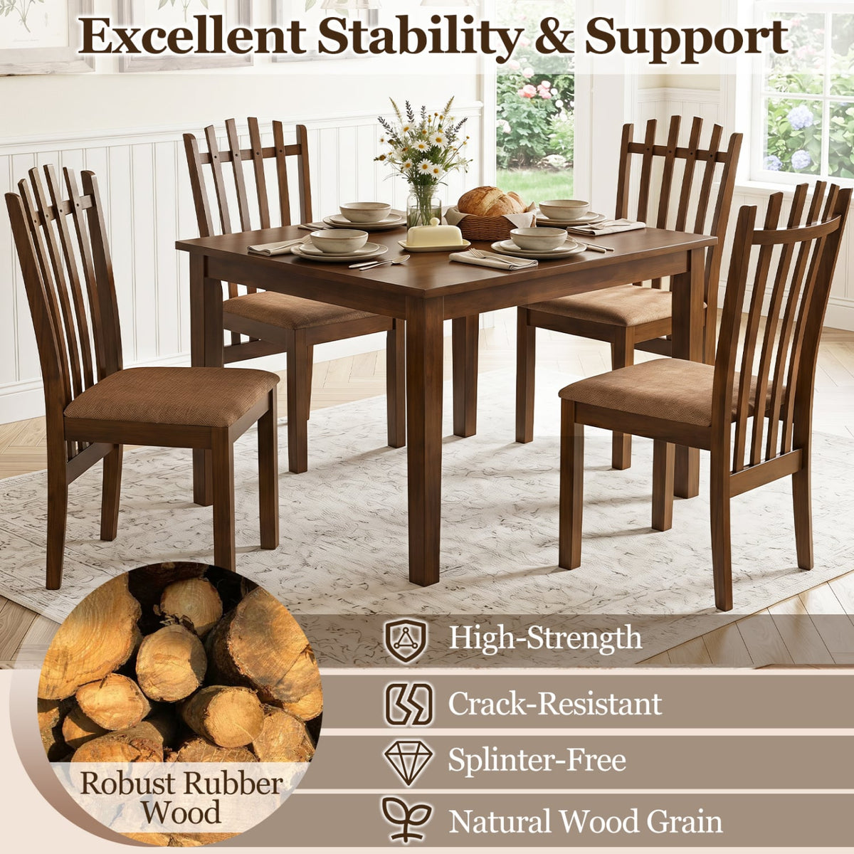 Rubber Wood Slat Back Kitchen Dining Chairs Set of 4-Brown-Dining Chairs-DECOROLALA
