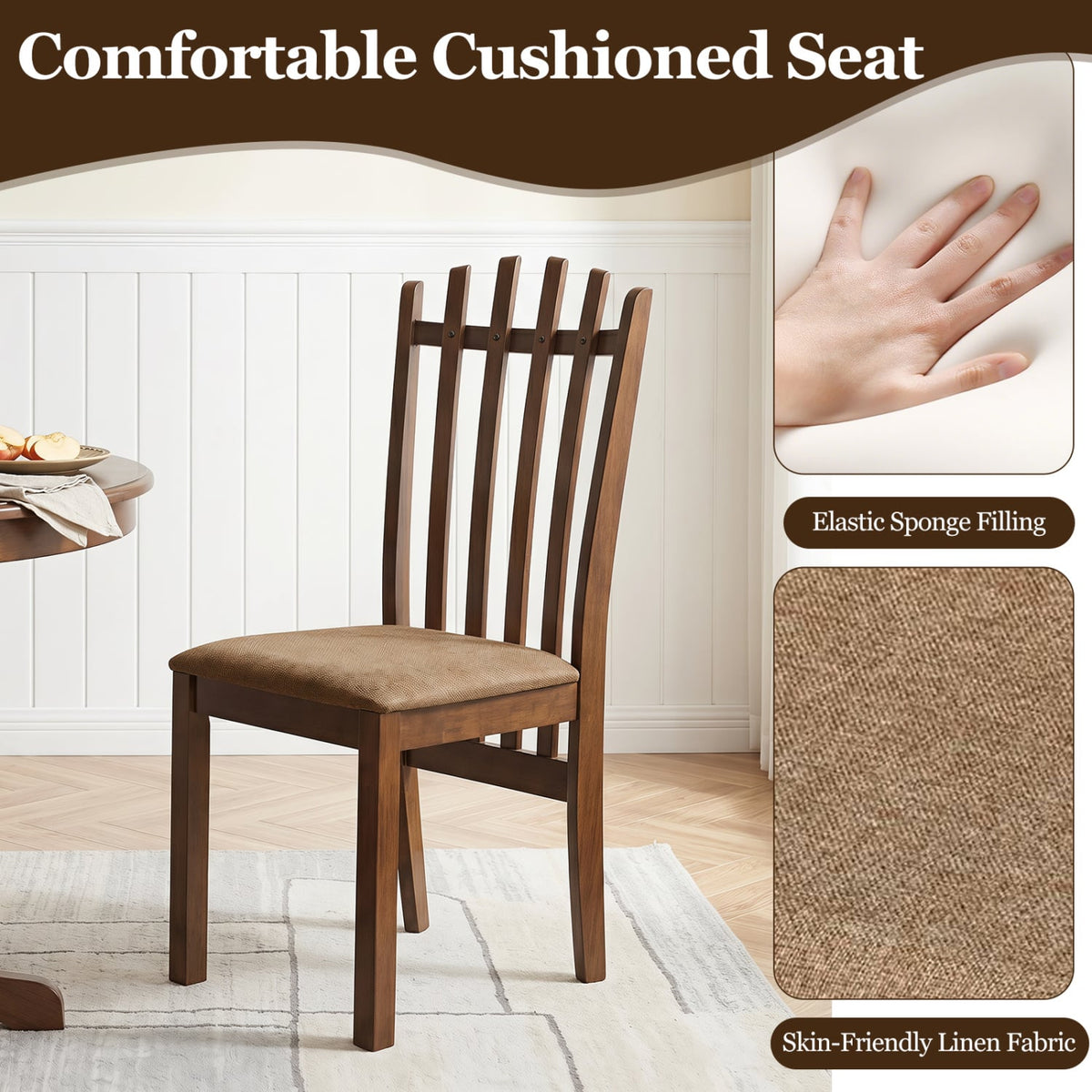 Rubber Wood Slat Back Kitchen Dining Chairs Set of 4-Brown-Dining Chairs-DECOROLALA
