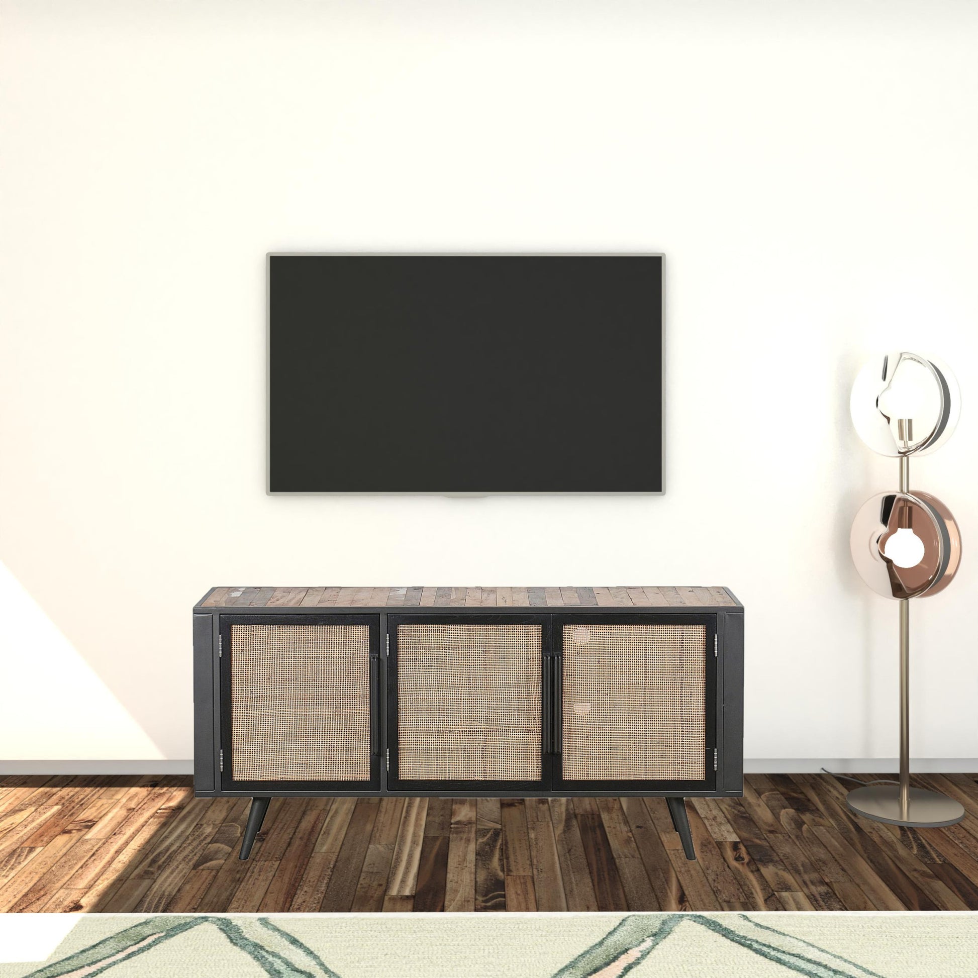 Rustic Black Natural and Rattan Media Cabinet with Three Doors-TV Stands-DECOROLALA