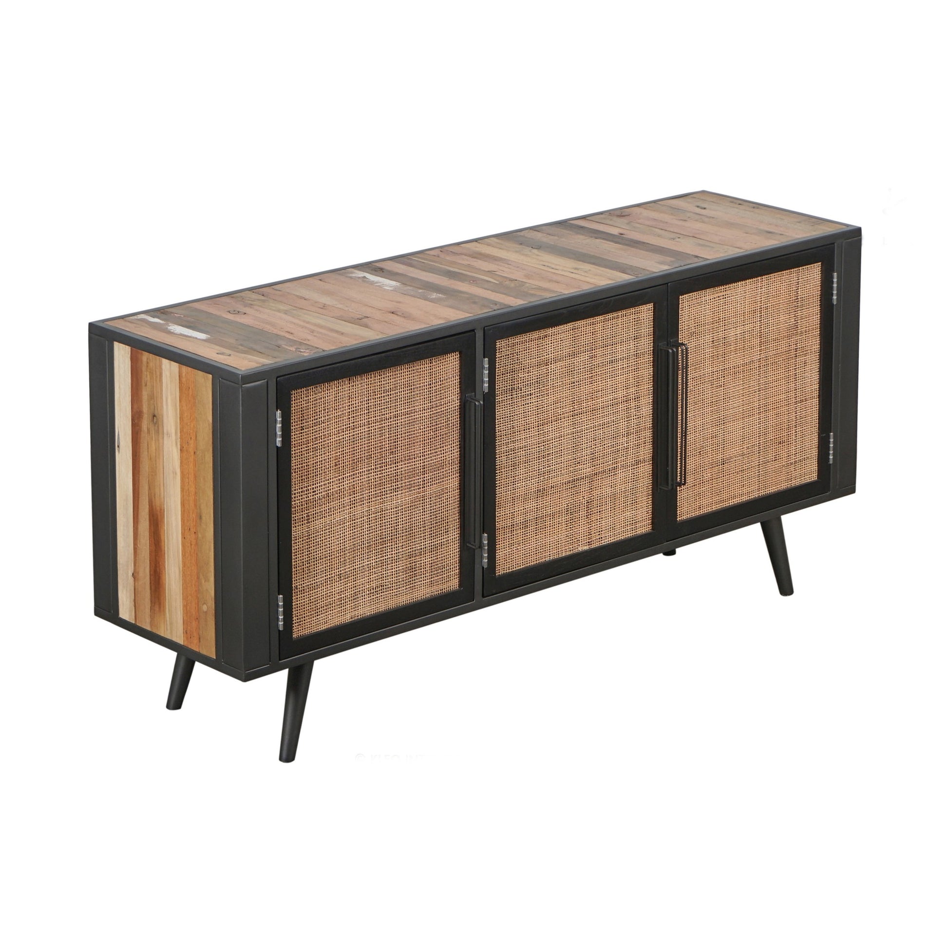 Rustic Black Natural and Rattan Media Cabinet with Three Doors-TV Stands-DECOROLALA