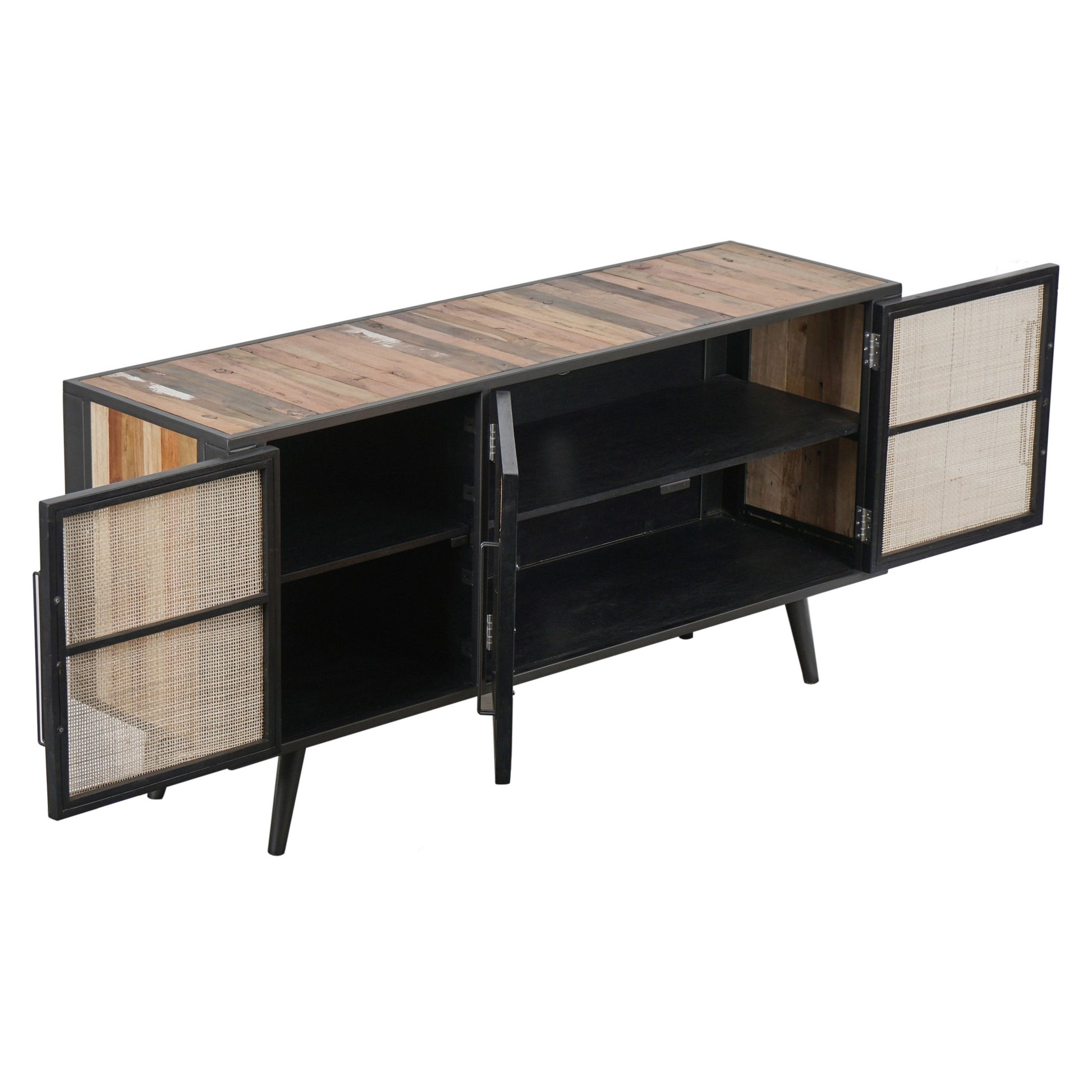 Rustic Black Natural and Rattan Media Cabinet with Three Doors-TV Stands-DECOROLALA