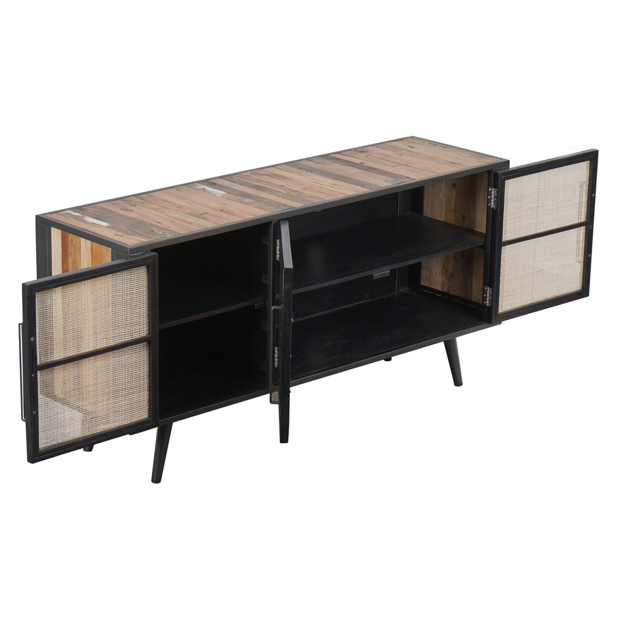 Rustic Black Natural and Rattan Media Cabinet with Three Doors-TV Stands-DECOROLALA