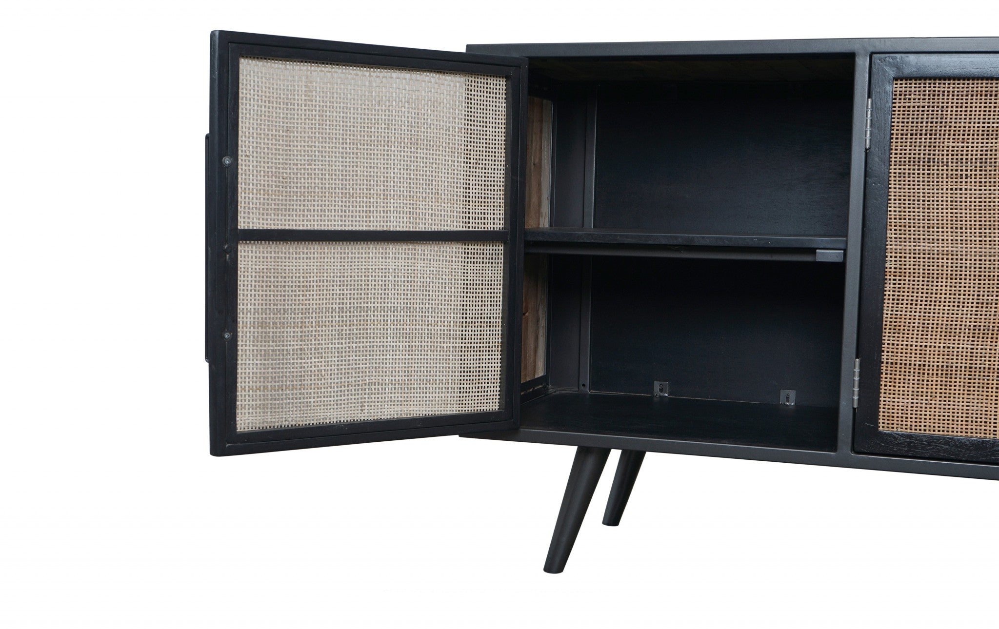 Rustic Black Natural and Rattan Media Cabinet with Three Doors-TV Stands-DECOROLALA