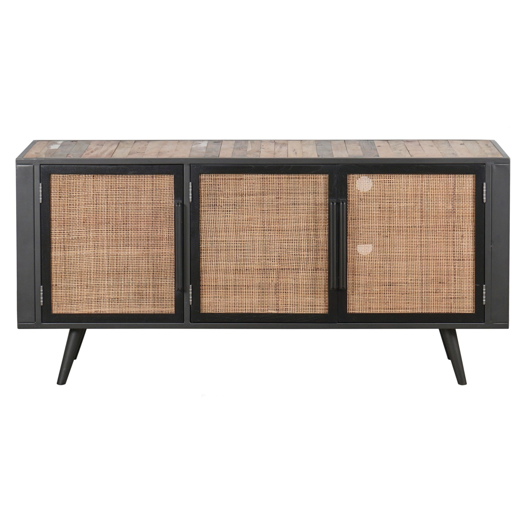 Rustic Black Natural and Rattan Media Cabinet with Three Doors-TV Stands-DECOROLALA