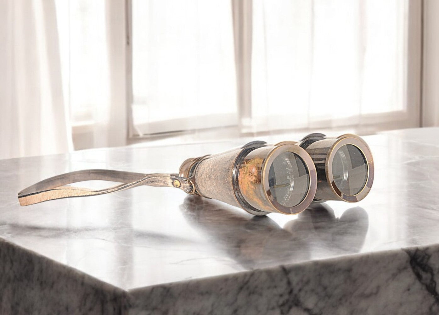 Rustic Brass And Leather Binoculars In Wood Storage Box-Sculptures-DECOROLALA