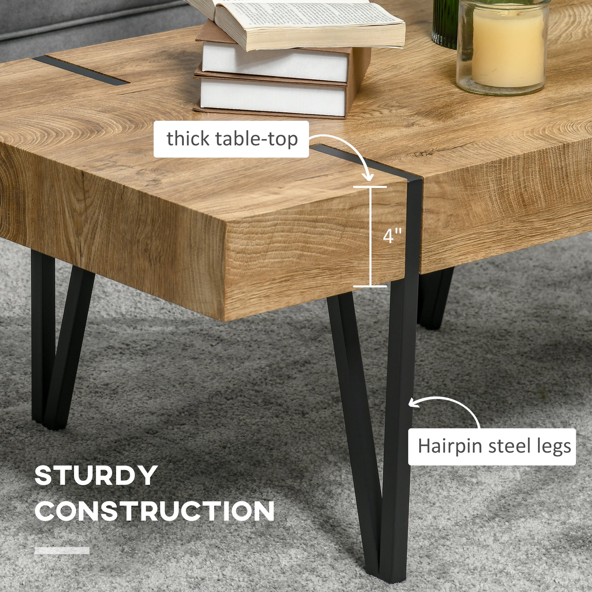 Rustic Coffee Table - Natural Wood with Steel Hairpin Legs-Home Furnishings > Living Room Furniture > Coffee Tables-DECOROLALA