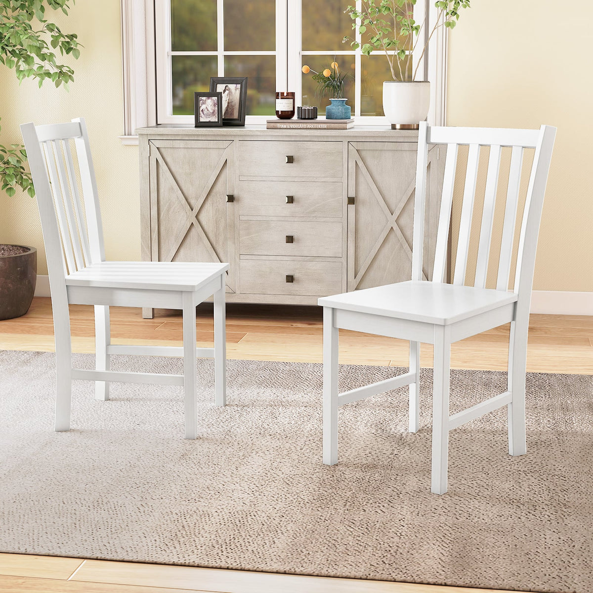 Rustic Dining Chairs Set of 2 Wooden Kitchen Chairs with Slat Tilt Backrest-White-Dining Chairs-DECOROLALA