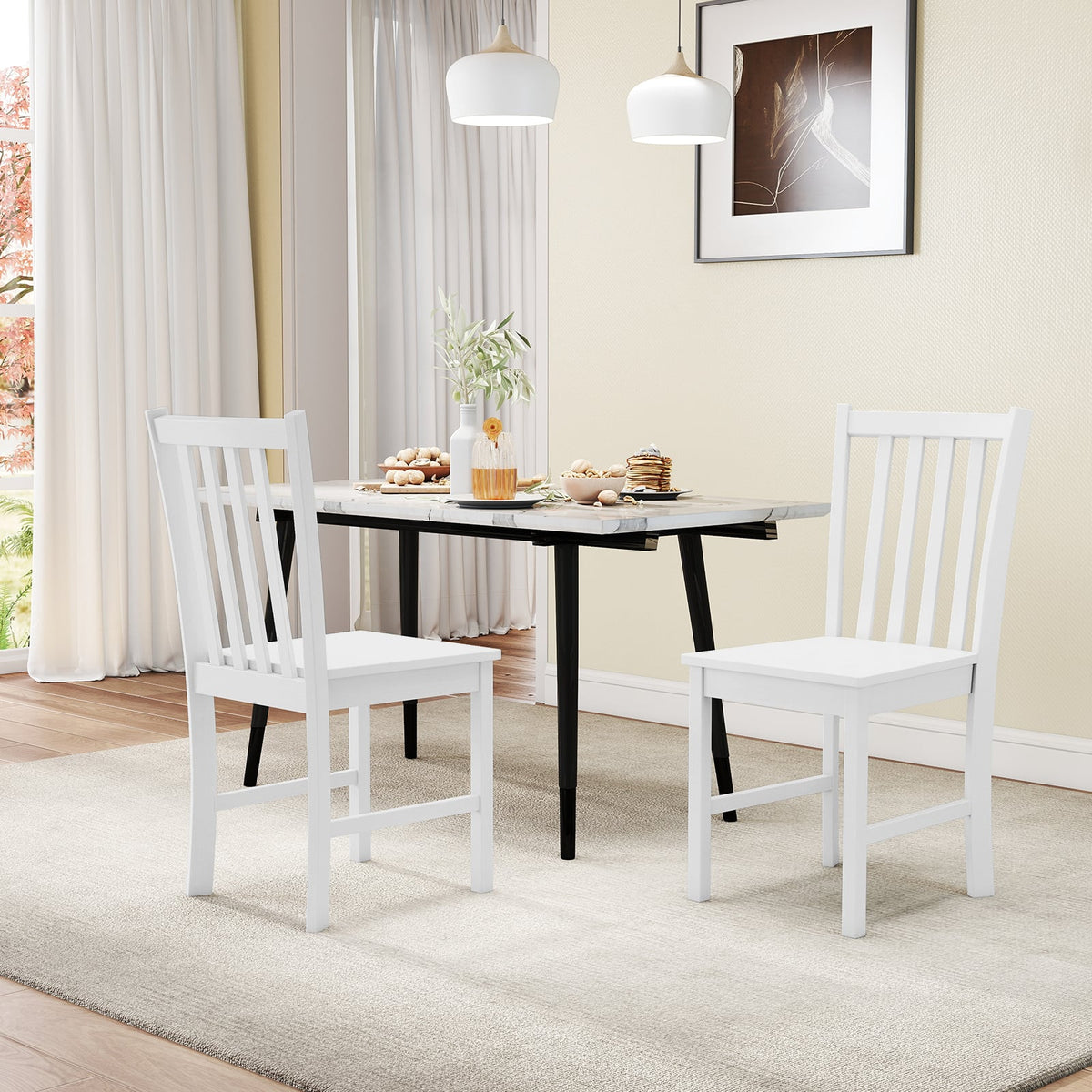 Rustic Dining Chairs Set of 2 Wooden Kitchen Chairs with Slat Tilt Backrest-White-Dining Chairs-DECOROLALA