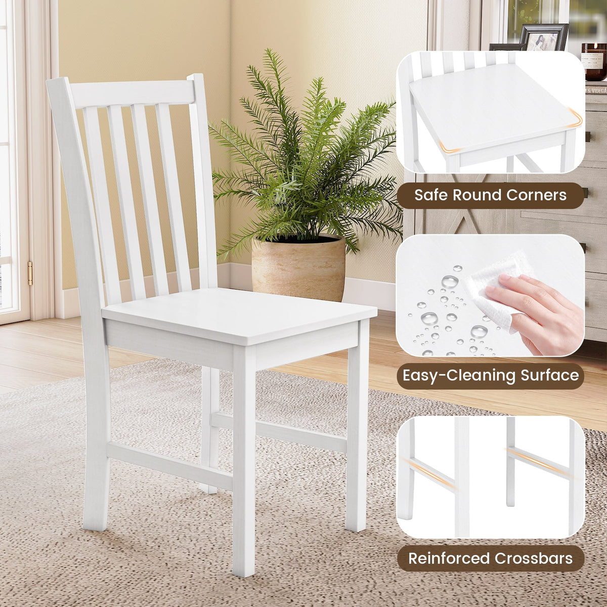 Rustic Dining Chairs Set of 2 Wooden Kitchen Chairs with Slat Tilt Backrest-White-Dining Chairs-DECOROLALA