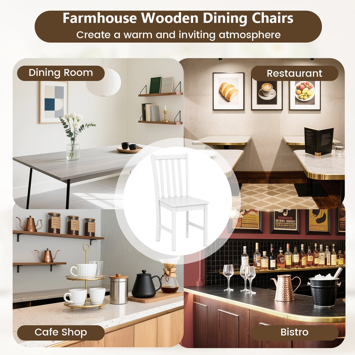 Rustic Dining Chairs Set of 2 Wooden Kitchen Chairs with Slat Tilt Backrest-White-Dining Chairs-DECOROLALA