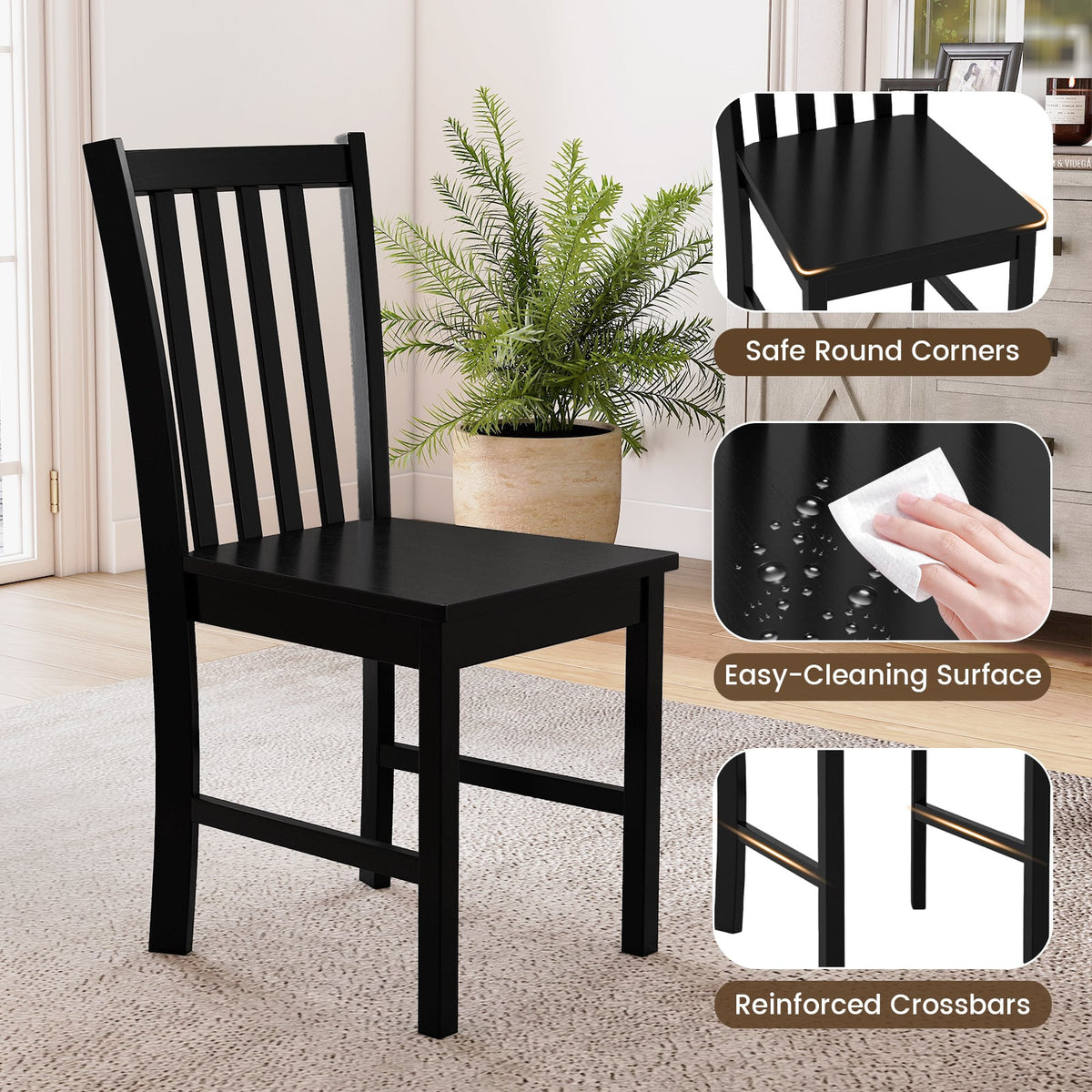 Rustic Dining Chairs Set of 2 Wooden Kitchen Chairs with Slat Tilt Backrest-black-Dining Chairs-DECOROLALA