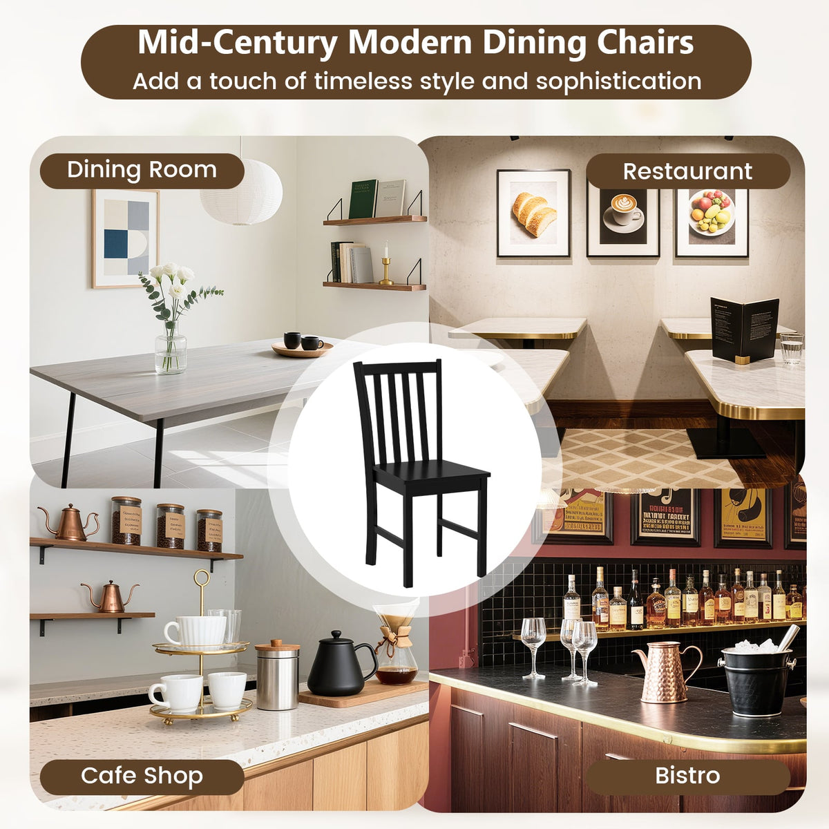 Rustic Dining Chairs Set of 2 Wooden Kitchen Chairs with Slat Tilt Backrest-black-Dining Chairs-DECOROLALA