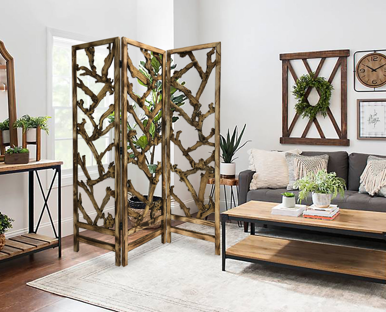 Rustic Earthy Wood Root Three Panel Room Divider Screen-Room Dividers-DECOROLALA