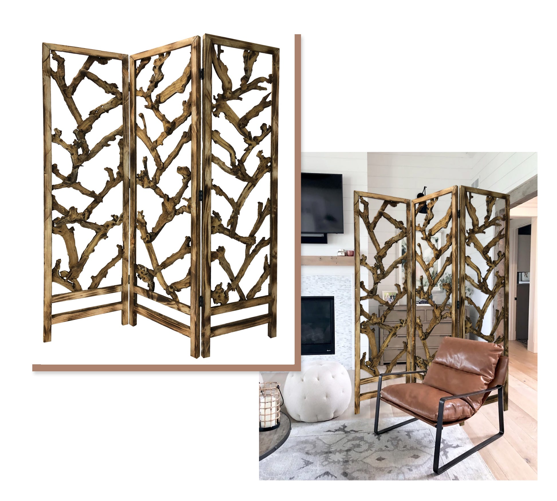 Rustic Earthy Wood Root Three Panel Room Divider Screen-Room Dividers-DECOROLALA