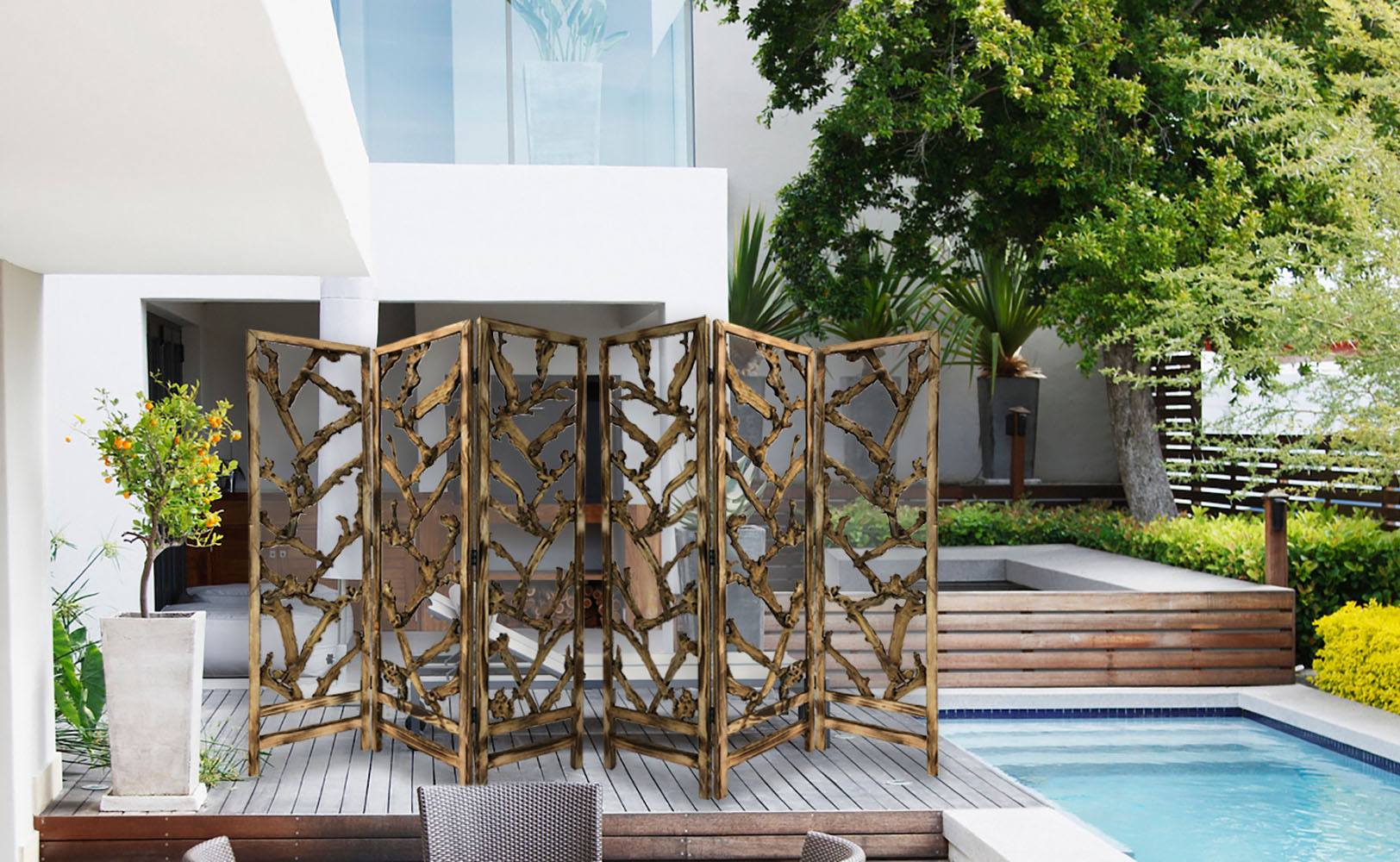 Rustic Earthy Wood Root Three Panel Room Divider Screen-Room Dividers-DECOROLALA