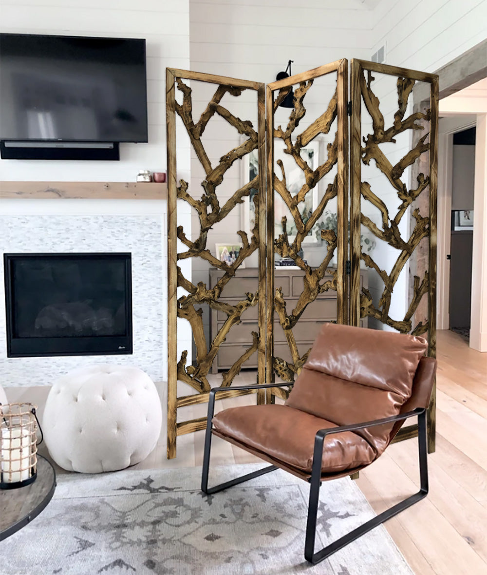 Rustic Earthy Wood Root Three Panel Room Divider Screen-Room Dividers-DECOROLALA