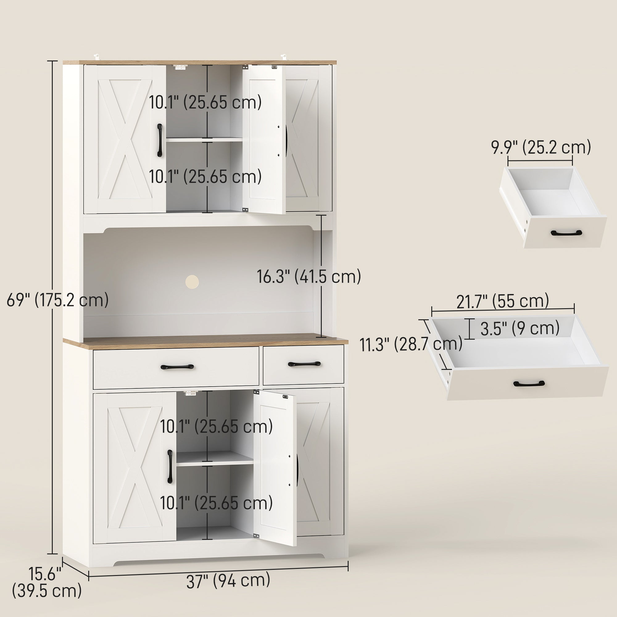 Rustic Kitchen Pantry, 6 Doors, 2 Drawers, White Adjustable Shelves & Worktop-DECOROLALA