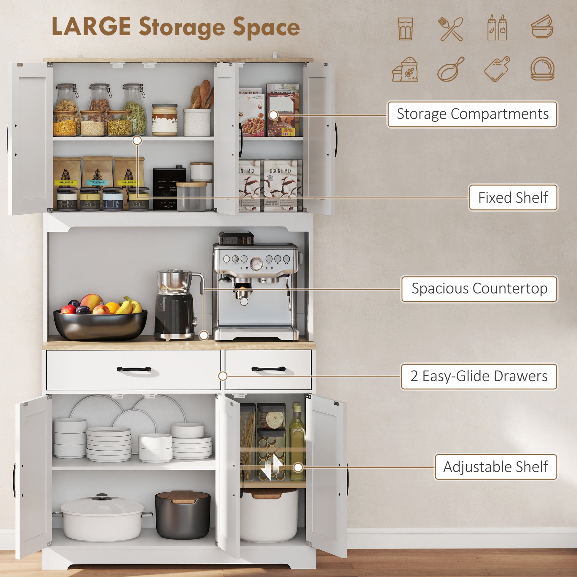 Rustic Kitchen Pantry, 6 Doors, 2 Drawers, White Adjustable Shelves & Worktop-DECOROLALA