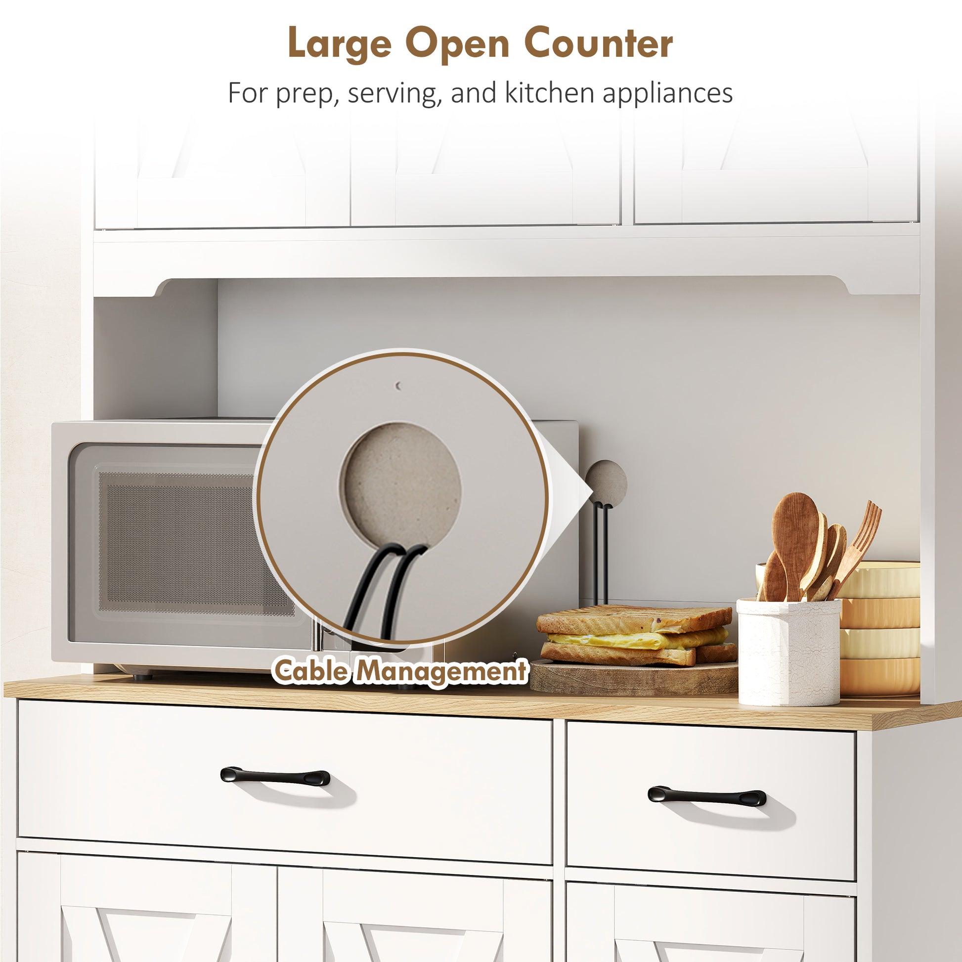 Rustic Kitchen Pantry, 6 Doors, 2 Drawers, White Adjustable Shelves & Worktop-DECOROLALA