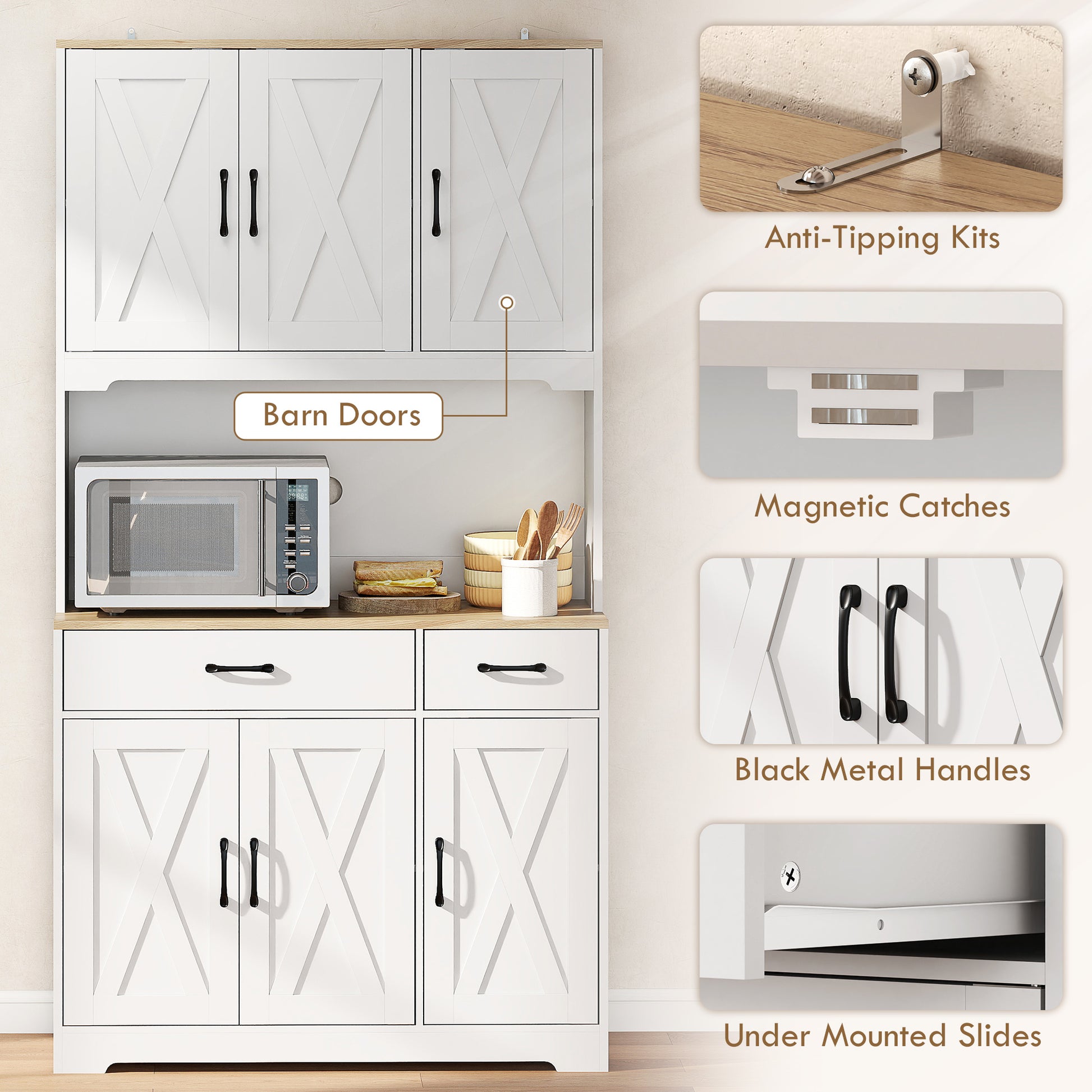 Rustic Kitchen Pantry, 6 Doors, 2 Drawers, White Adjustable Shelves & Worktop-DECOROLALA