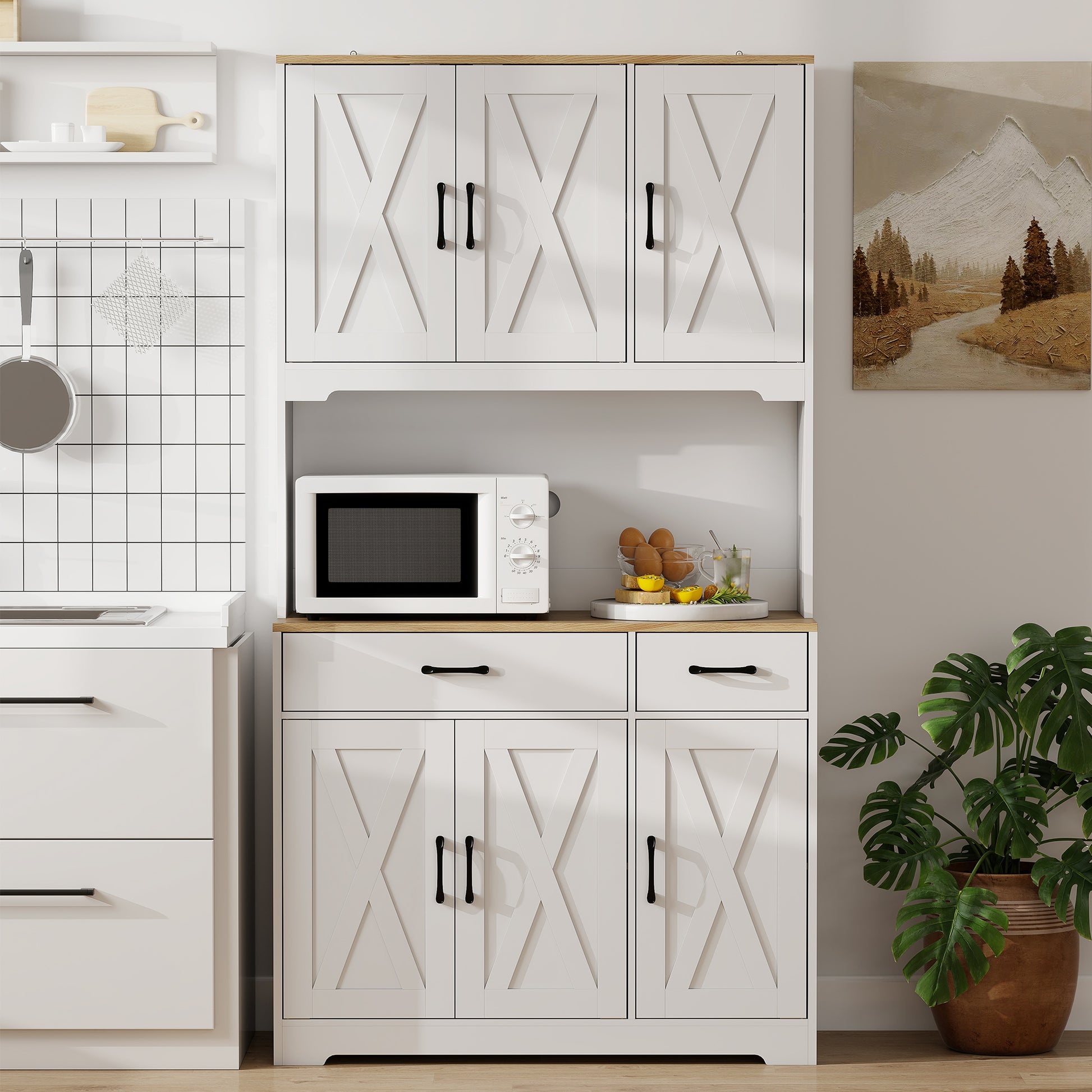 Rustic Kitchen Pantry, 6 Doors, 2 Drawers, White Adjustable Shelves & Worktop-DECOROLALA