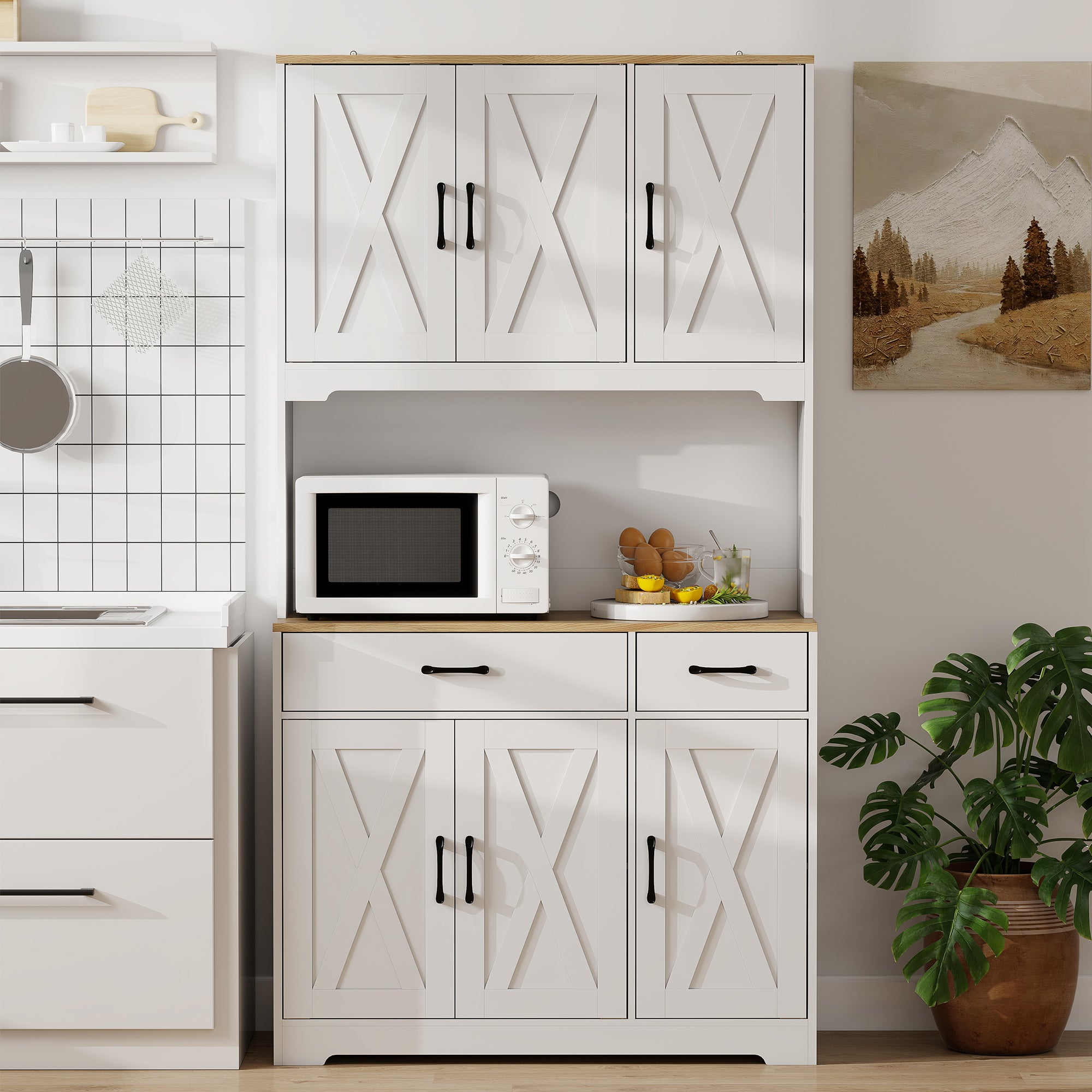 Rustic Kitchen Pantry, 6 Doors, 2 Drawers, White Adjustable Shelves & Worktop-DECOROLALA