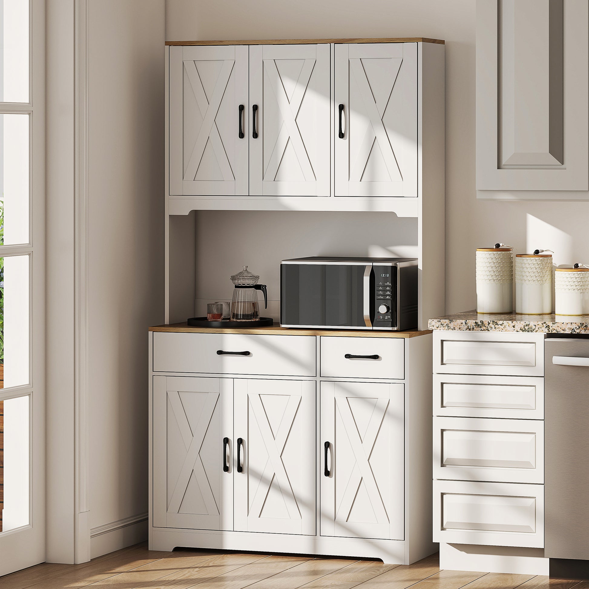 Rustic Kitchen Pantry, 6 Doors, 2 Drawers, White Adjustable Shelves & Worktop-DECOROLALA