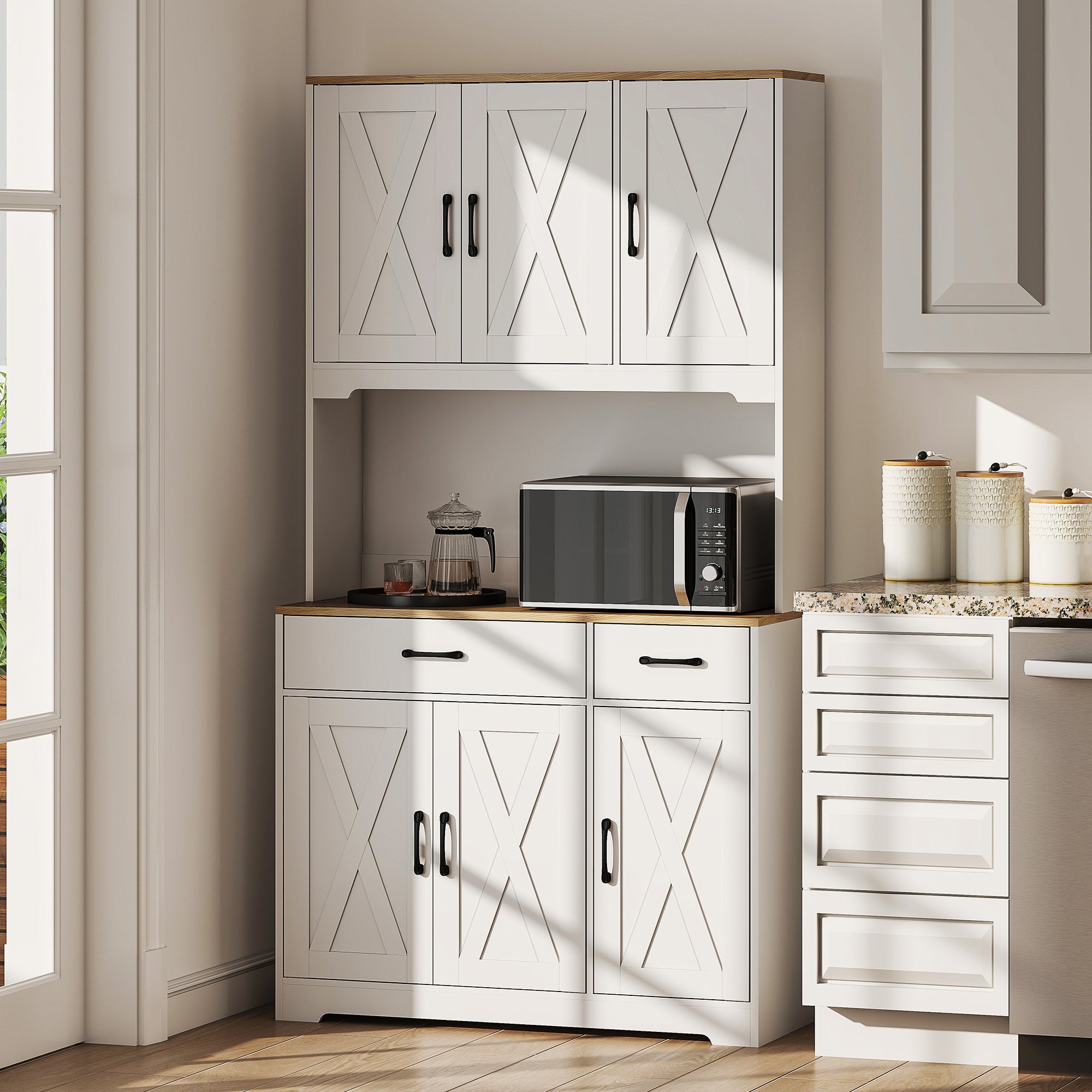 Rustic Kitchen Pantry, 6 Doors, 2 Drawers, White Adjustable Shelves & Worktop-DECOROLALA