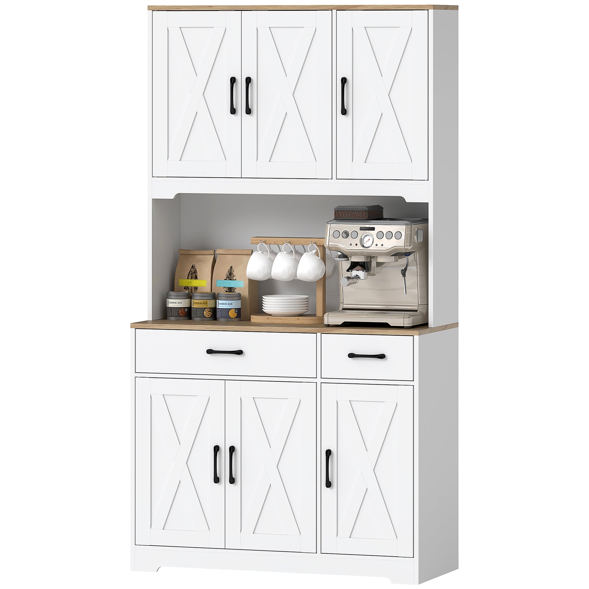Rustic Kitchen Pantry, 6 Doors, 2 Drawers, White Adjustable Shelves & Worktop-DECOROLALA