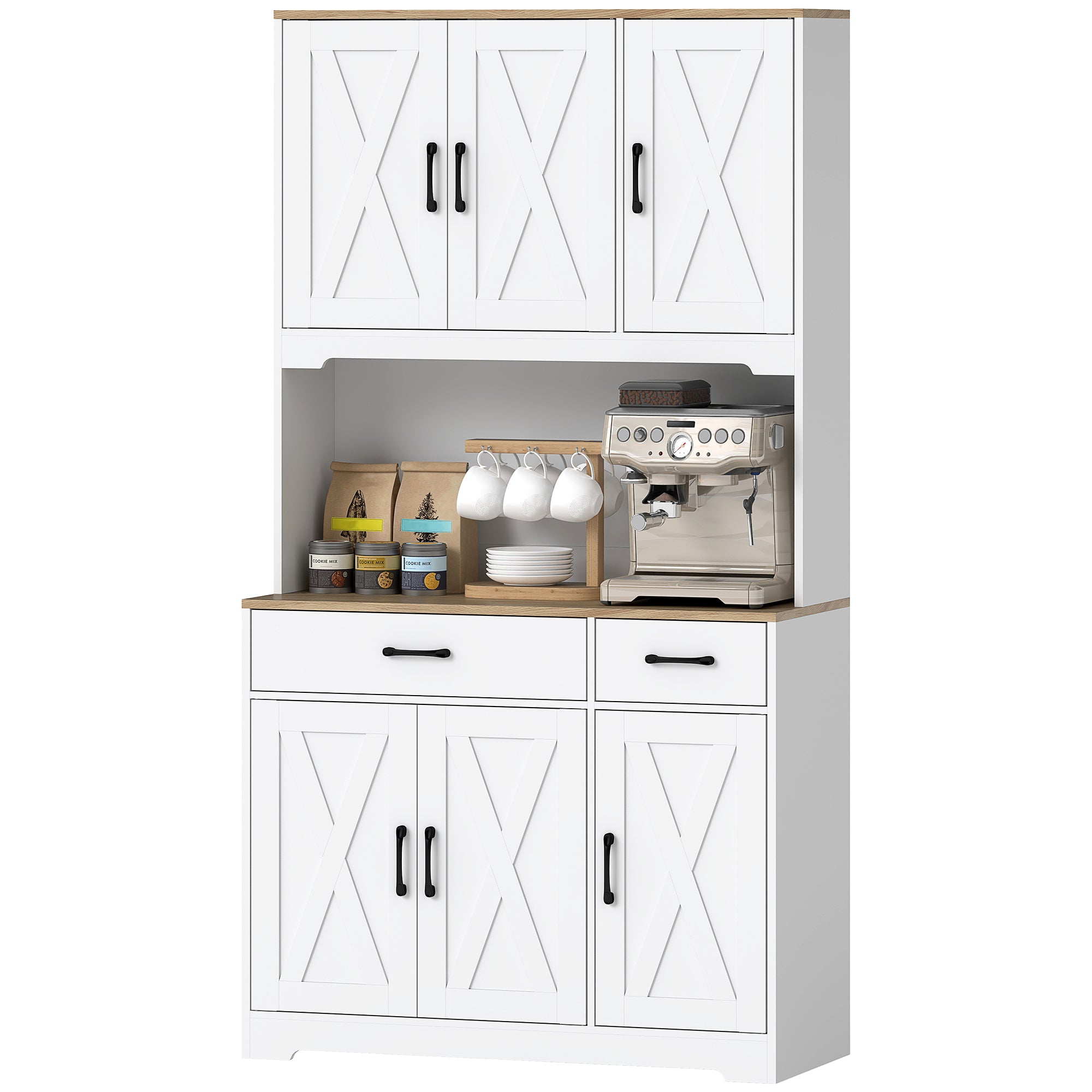 Rustic Kitchen Pantry, 6 Doors, 2 Drawers, White Adjustable Shelves & Worktop-DECOROLALA